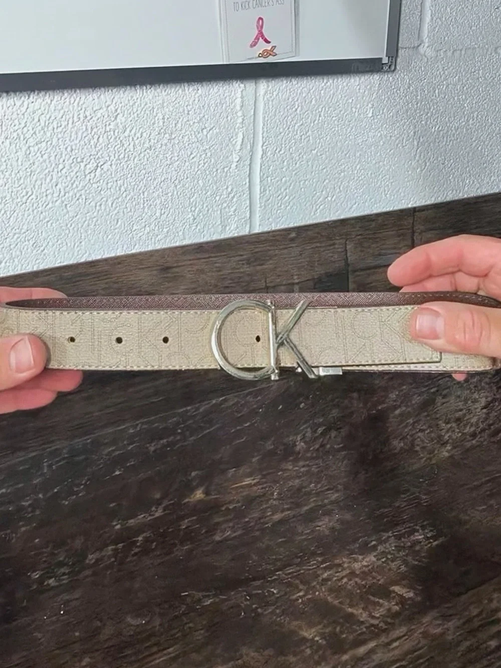 Calvin Klein Beige and Brown Logo Buckle Belt
